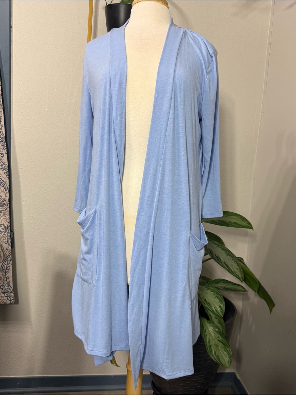 Zenana Premium Women’s M Blue Long Open Front Cardigan Duster Pockets
